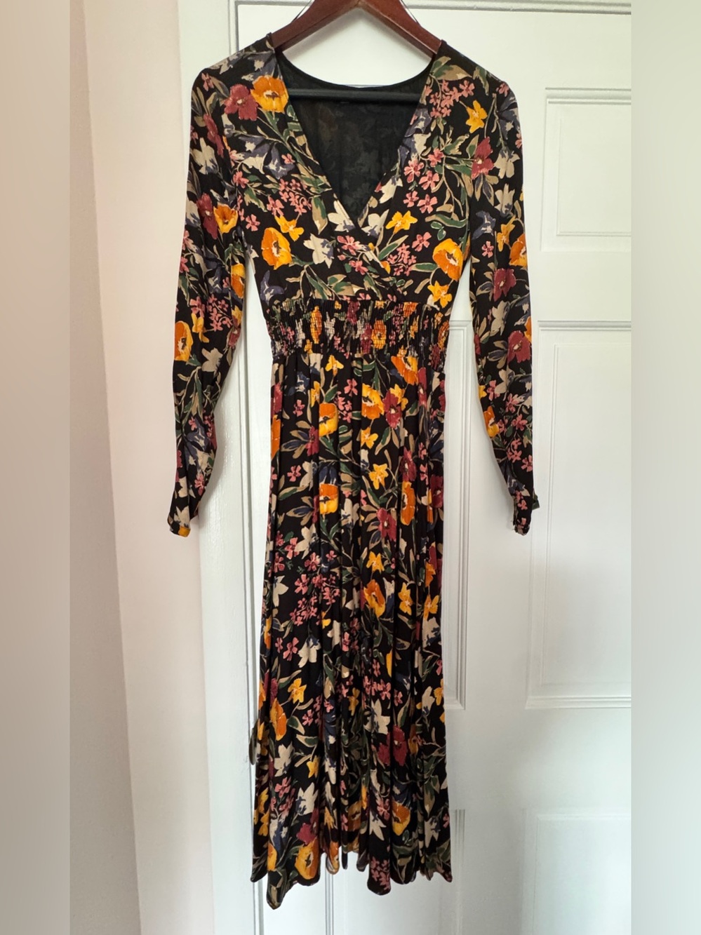 Zara Smocked Waist Black and Floral Midi Dress, XS